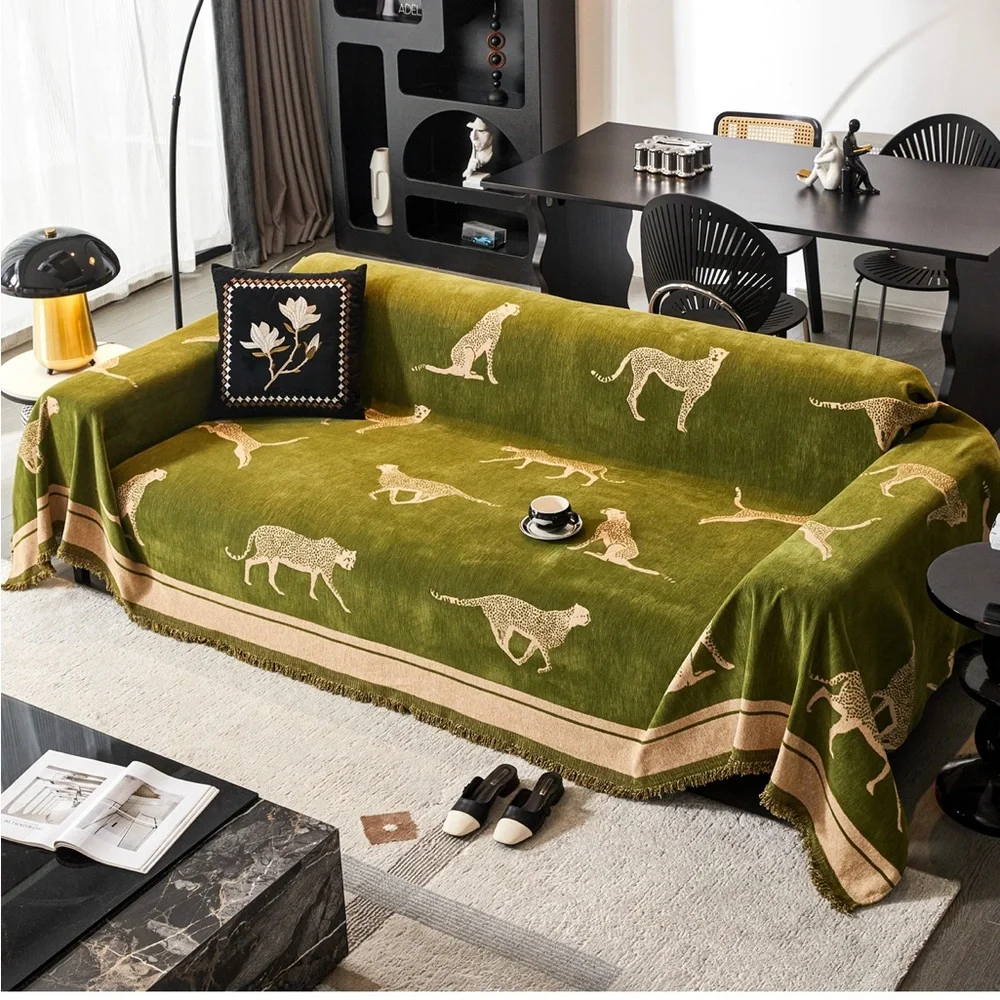 NWOT Elegant Green and Tan Sofa Throw with Cheetah Design
